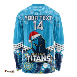 Custom Titans Rugby Christmas Long Sleeve T-shirt Merry Xmas Mix Aboriginal Art