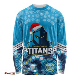 Custom Titans Rugby Christmas Long Sleeve T-shirt Merry Xmas Mix Aboriginal Art