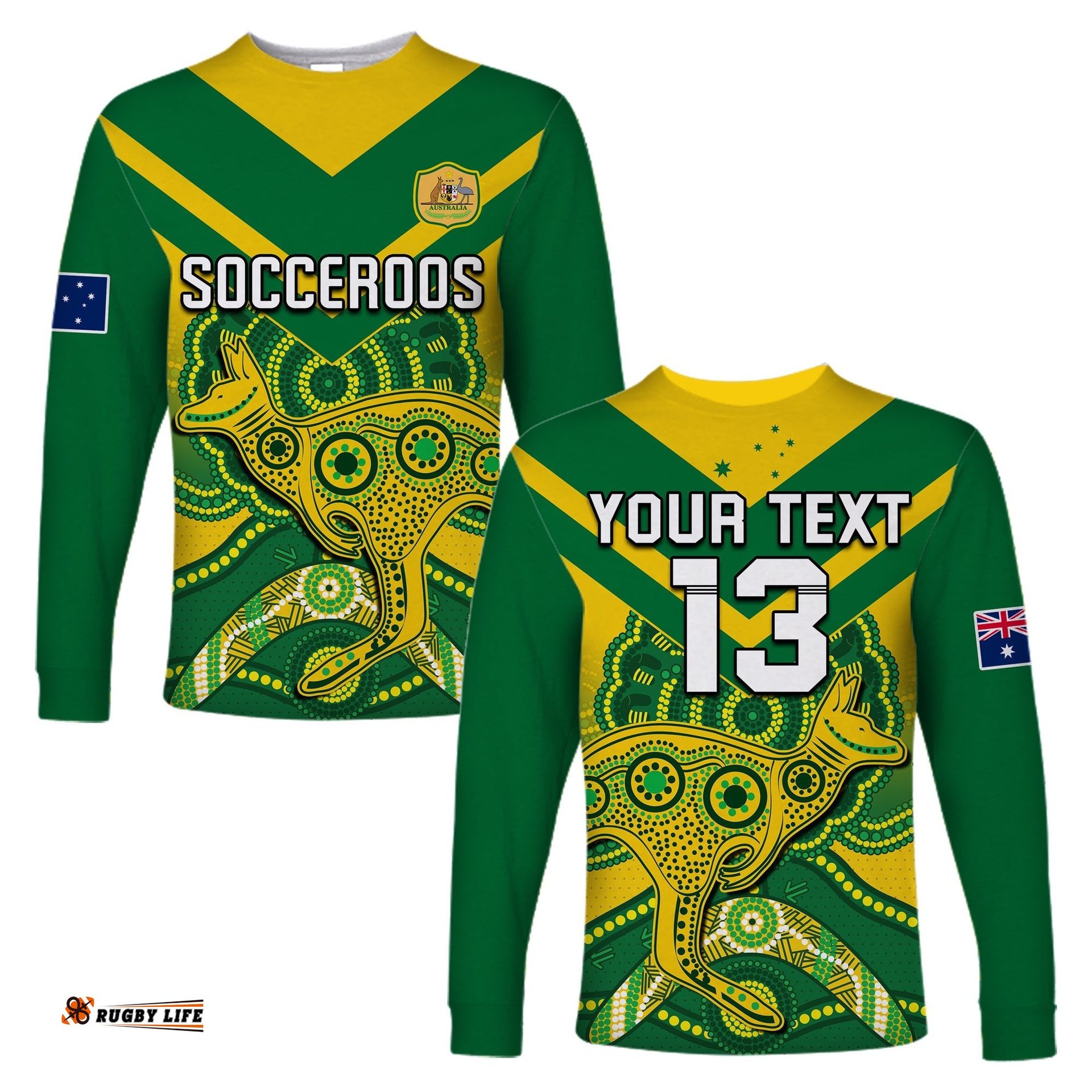 Custom Text and Number Australia Soccer Long Sleeve T-shirt Champions Aboriginal Kangaroos World Cup Football Socceroos