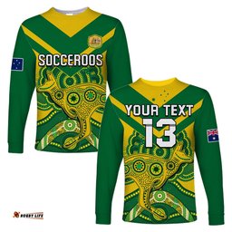 Custom Text and Number Australia Soccer Long Sleeve T-shirt Champions Aboriginal Kangaroos World Cup Football Socceroos