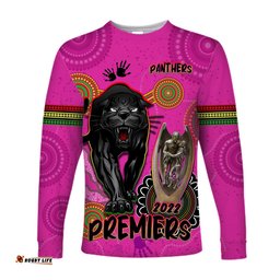 Custom Text and Number Panthers Long Sleeve T-shirt Aboriginal Premiers We Are The Champions With Trophy