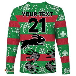 Custom Text And Number Rabbitohs Rugby Premiers Long Sleeve T-shirt Go The Bunnies Aboriginal Dots