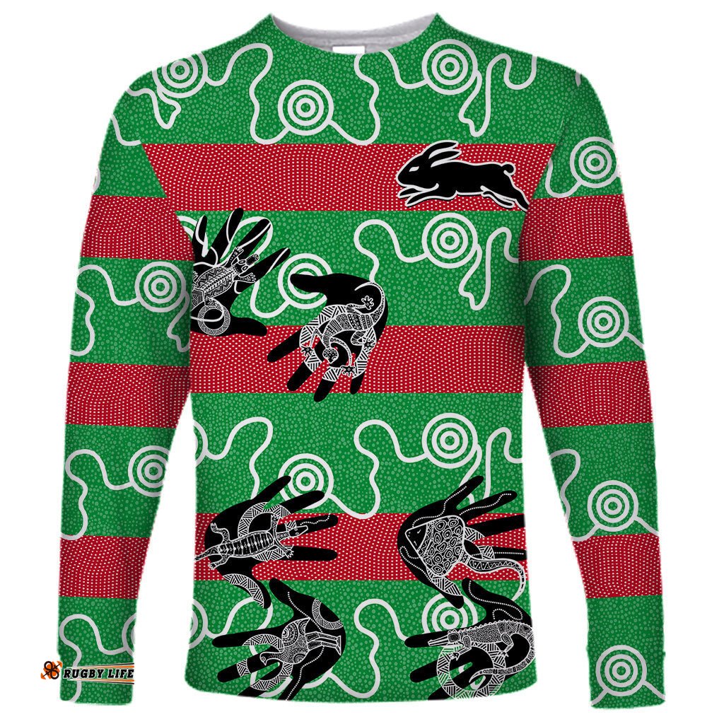 Custom Text And Number Rabbitohs Rugby Premiers Long Sleeve T-shirt Go The Bunnies Aboriginal Dots