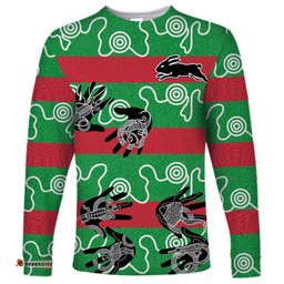 Custom Text And Number Rabbitohs Rugby Premiers Long Sleeve T-shirt Go The Bunnies Aboriginal Dots