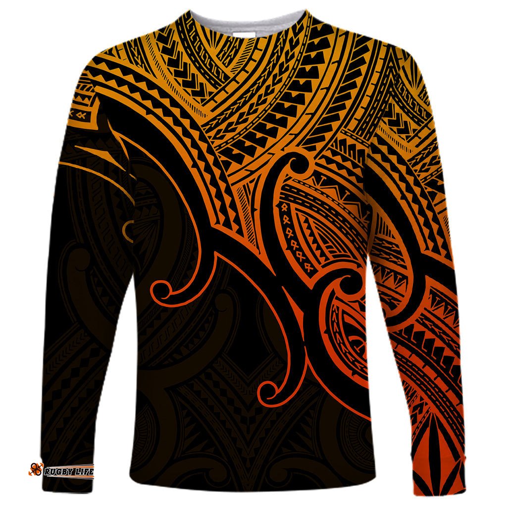 Custom Aotearoa Maori Koru Long Sleeve T-shirt Polynesian Pacific Tribal Gold