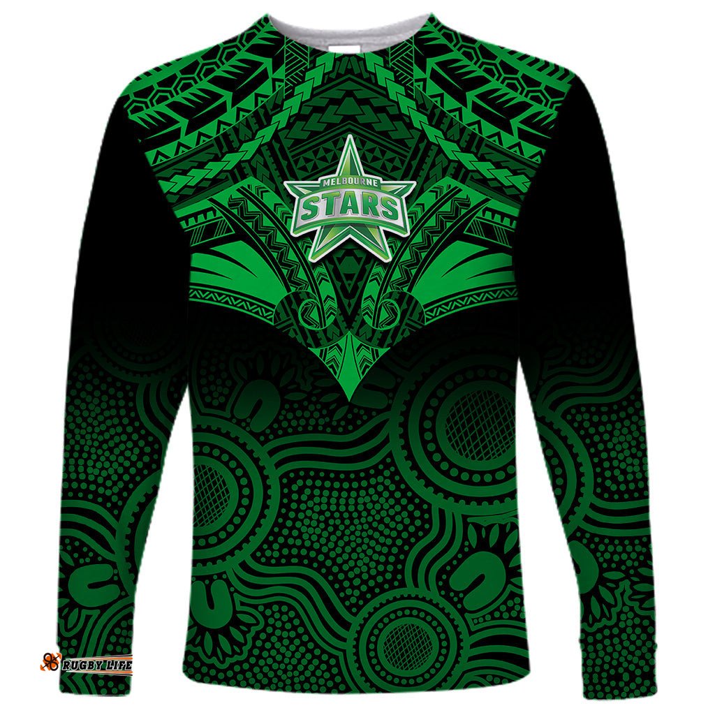 Custom Melbourne Stars Cricket Long Sleeve T-shirt Unique Indigenous Art Mix Polynesian Pattern