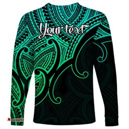 Custom Aotearoa Maori Koru Long Sleeve T-shirt Polynesian Pacific Tribal Green