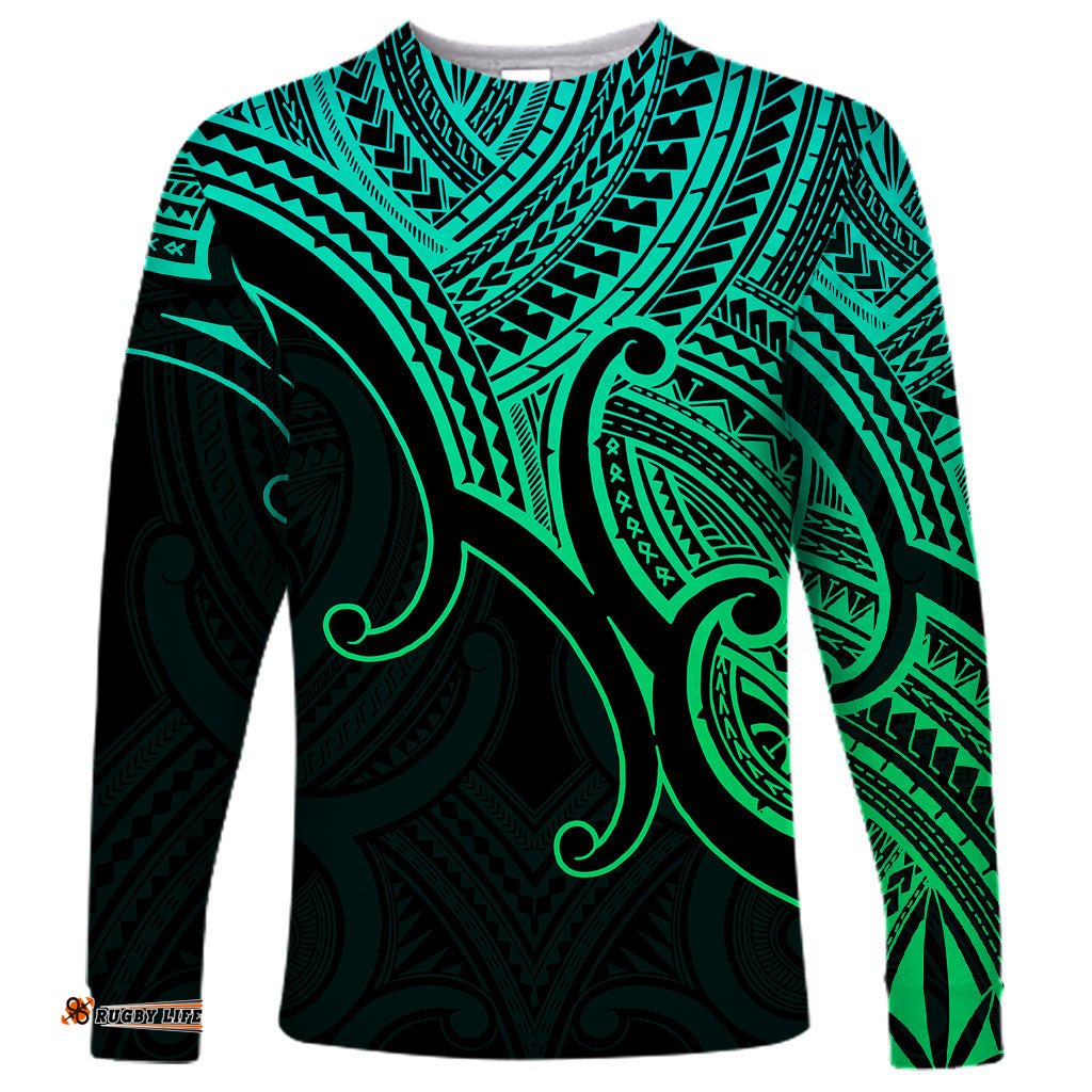 Custom Aotearoa Maori Koru Long Sleeve T-shirt Polynesian Pacific Tribal Green