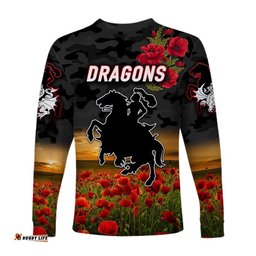 St. George Illawarra Dragons ANZAC Long Sleeve T-shirt Poppy Flowers Black
