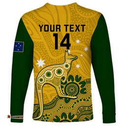 Custom Australia Rugby Long Sleeve T-shirt Wallabies Kangaroo Indigenous Art