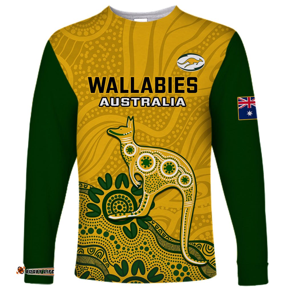 Custom Australia Rugby Long Sleeve T-shirt Wallabies Kangaroo Indigenous Art