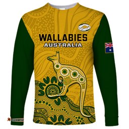 Custom Australia Rugby Long Sleeve T-shirt Wallabies Kangaroo Indigenous Art