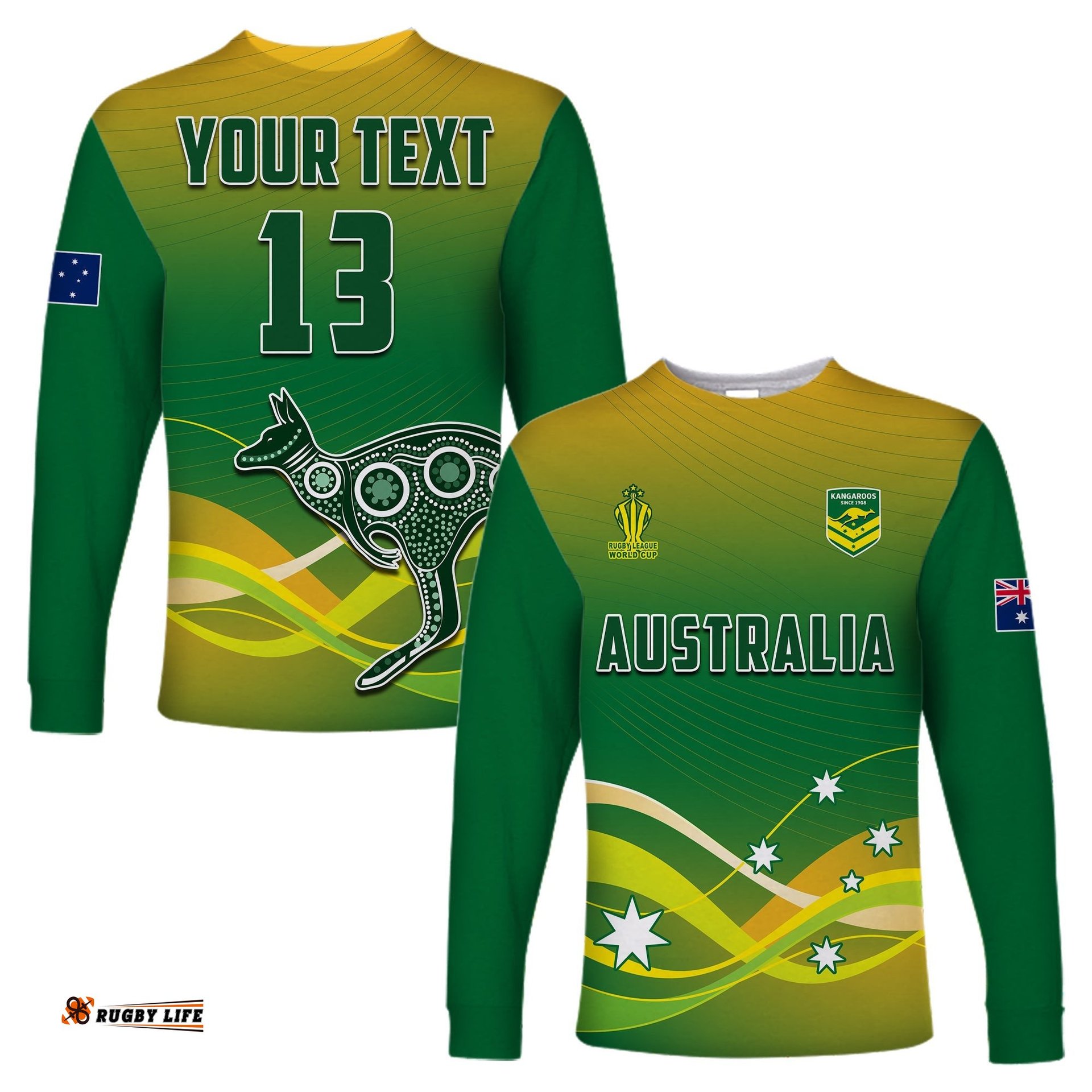 Custom Text and Number Australia Rugby Long Sleeve T-shirt Champions RLWC Kangaroos World Cup Rugby