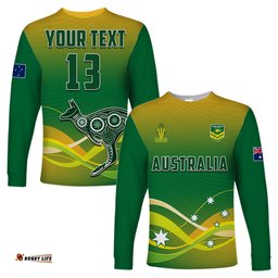 Custom Text and Number Australia Rugby Long Sleeve T-shirt Champions RLWC Kangaroos World Cup Rugby