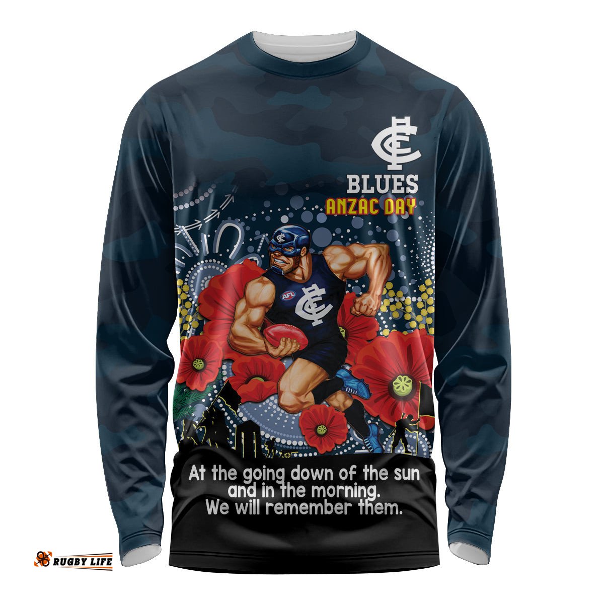Custom Blues Football ANZAC Long Sleeve T-shirt Gallipoli Camouflage With Poppies