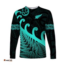 New Zealand Rugby Maori Long Sleeve T-shirt Silver Fern Koru Turquoise
