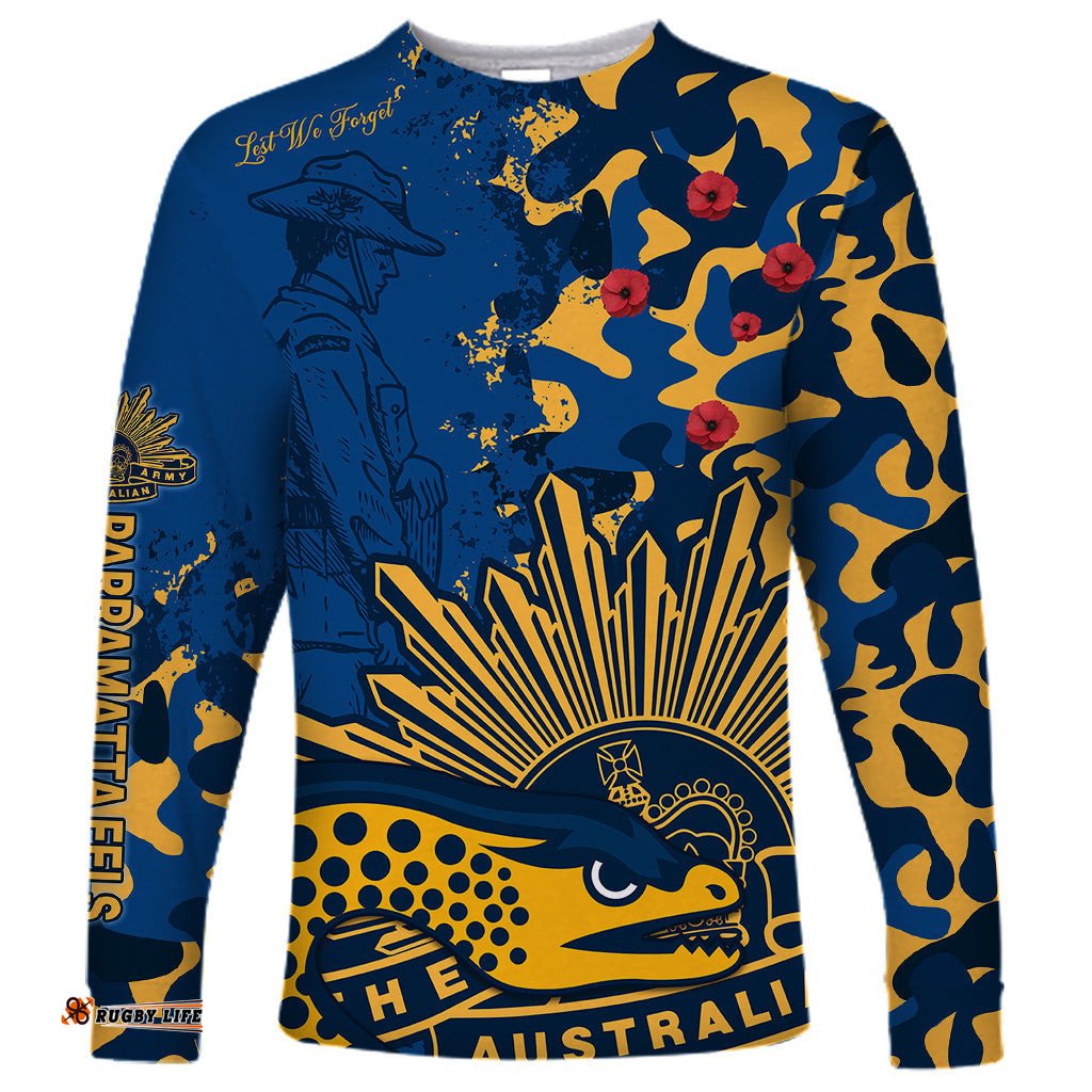 Custom Text And Number NRL ANZAC Parramatta Eels Long Sleeve T-shirt Camouflage
