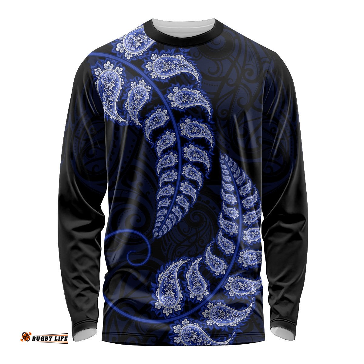Blue New Zealand Paisley Silver Fern Long Sleeve T-shirt Aotearoa Maori