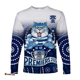 Custom Text and Number Cats Football Long Sleeve T-shirt Aboriginal Australian Premiers Proud Geelong Cartoon