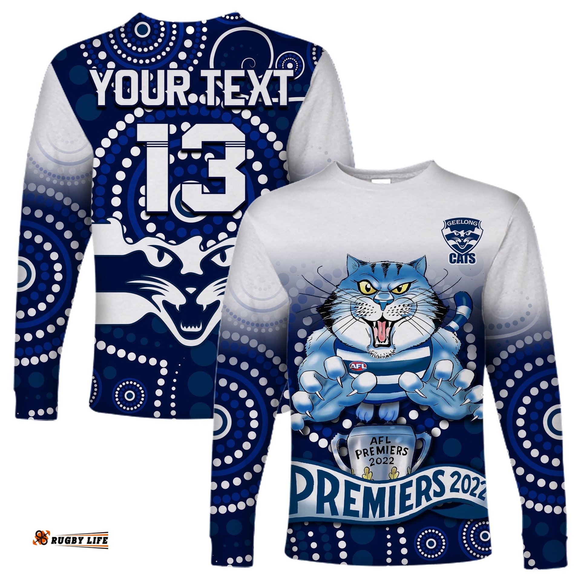 Custom Text and Number Cats Football Long Sleeve T-shirt Aboriginal Australian Premiers Proud Geelong Cartoon