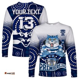 Custom Text and Number Cats Football Long Sleeve T-shirt Aboriginal Australian Premiers Proud Geelong Cartoon