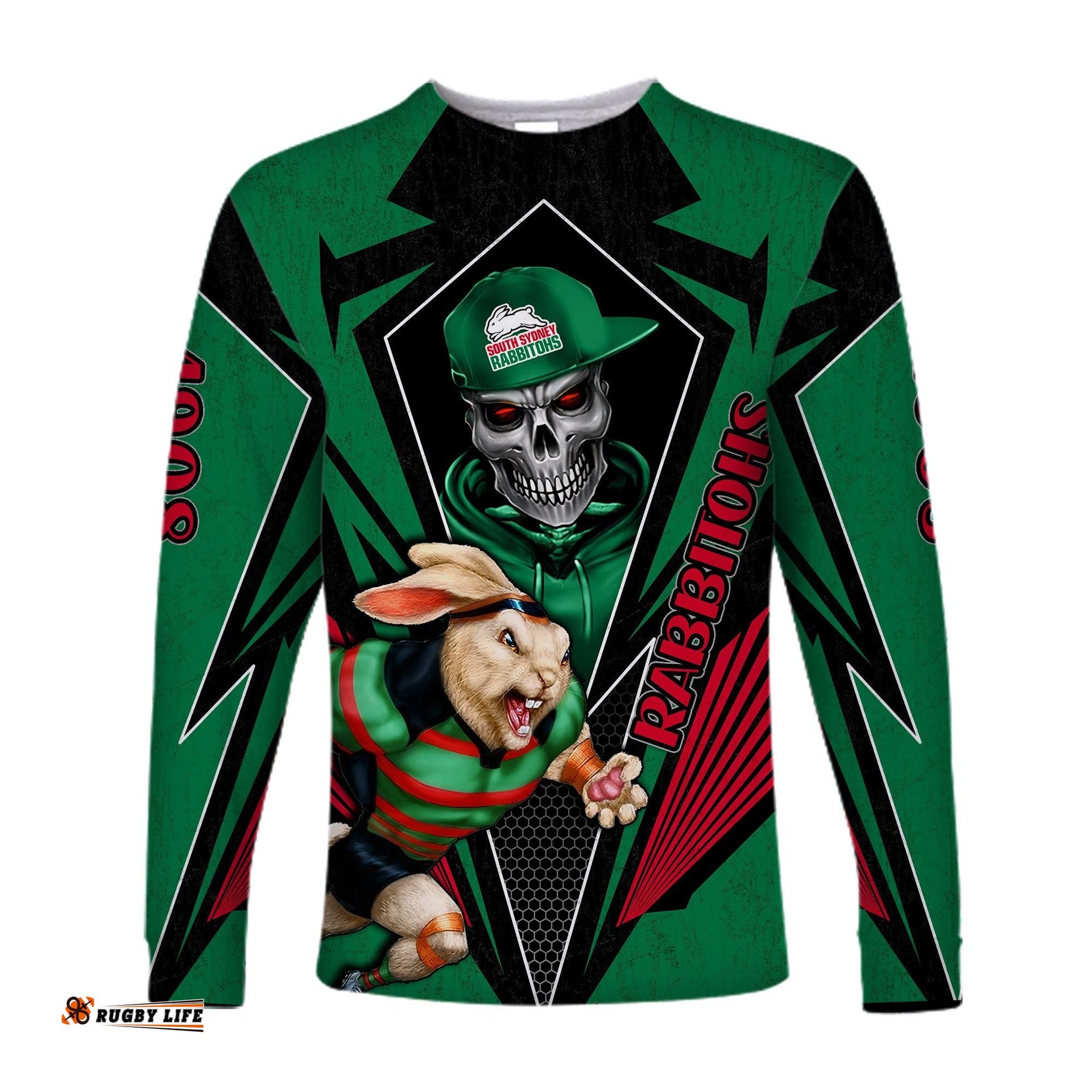 Custom Personalised Rabbitohs Rugby Long Sleeve T-shirt Mascot South Sydney Since 1908 Cool Skull