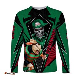 Custom Personalised Rabbitohs Rugby Long Sleeve T-shirt Mascot South Sydney Since 1908 Cool Skull