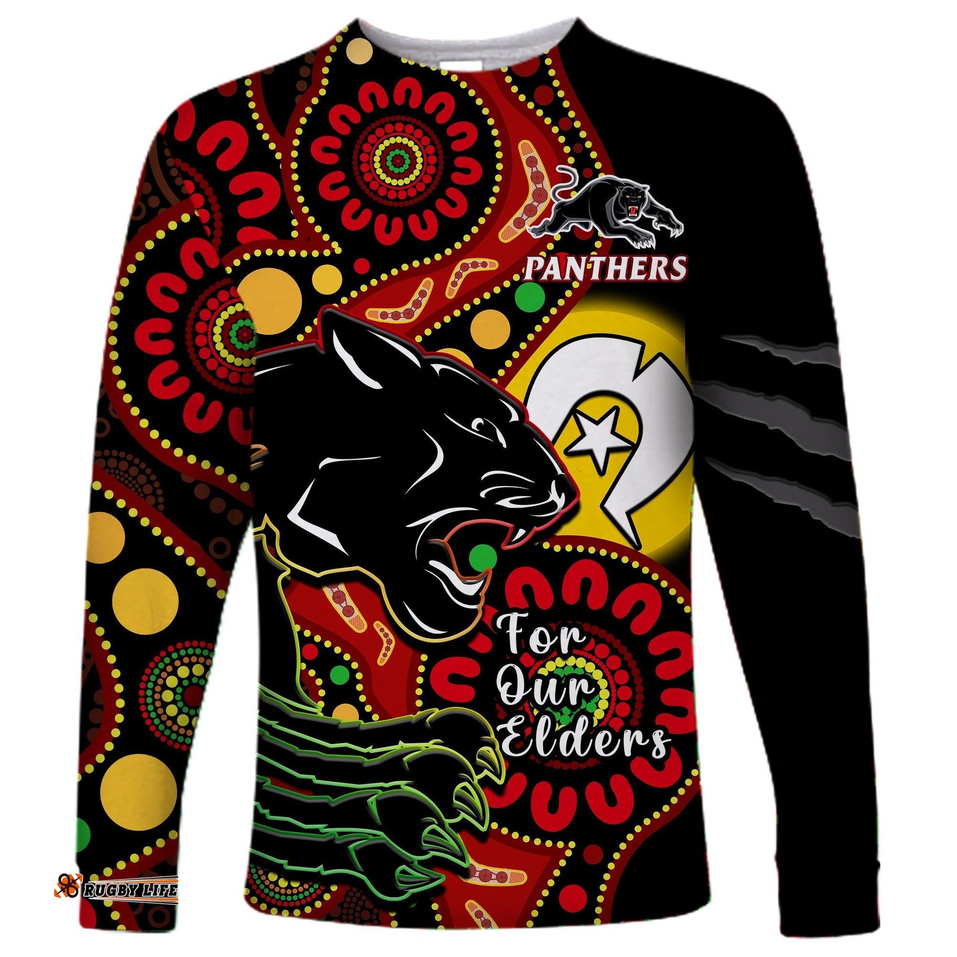 Custom Text And Number Panthers Rugby NAIDOC Long Sleeve T-shirt For Our Elders Aboriginal