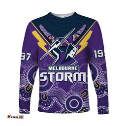 Custom Text And Number Melbourne Storm Rugby Long Sleeve T-shirt Indigenous Boomerang Gradient Style