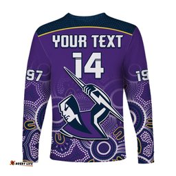 Custom Text And Number Melbourne Storm Rugby Long Sleeve T-shirt Indigenous Boomerang Gradient Style