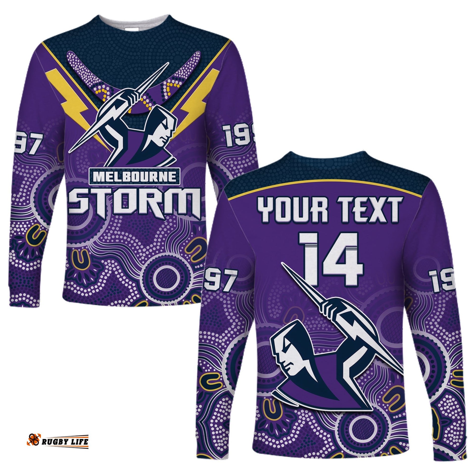 Custom Text And Number Melbourne Storm Rugby Long Sleeve T-shirt Indigenous Boomerang Gradient Style