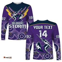 Custom Text And Number Melbourne Storm Rugby Long Sleeve T-shirt Indigenous Boomerang Gradient Style