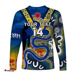 Custom Text And Number Eels Rugby ANZAC Long Sleeve T-shirt Aboriginal Mix Poppy Lest We Forget