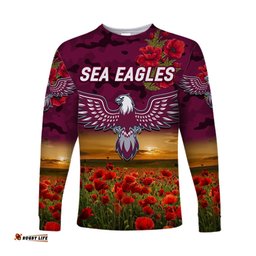 Custom Personalised Manly Warringah Sea Eagles ANZAC Long Sleeve T-shirt Poppy Flowers