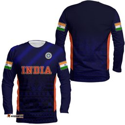 India National Cricket Team Long Sleeve T-shirt Men In Blue Sports Style
