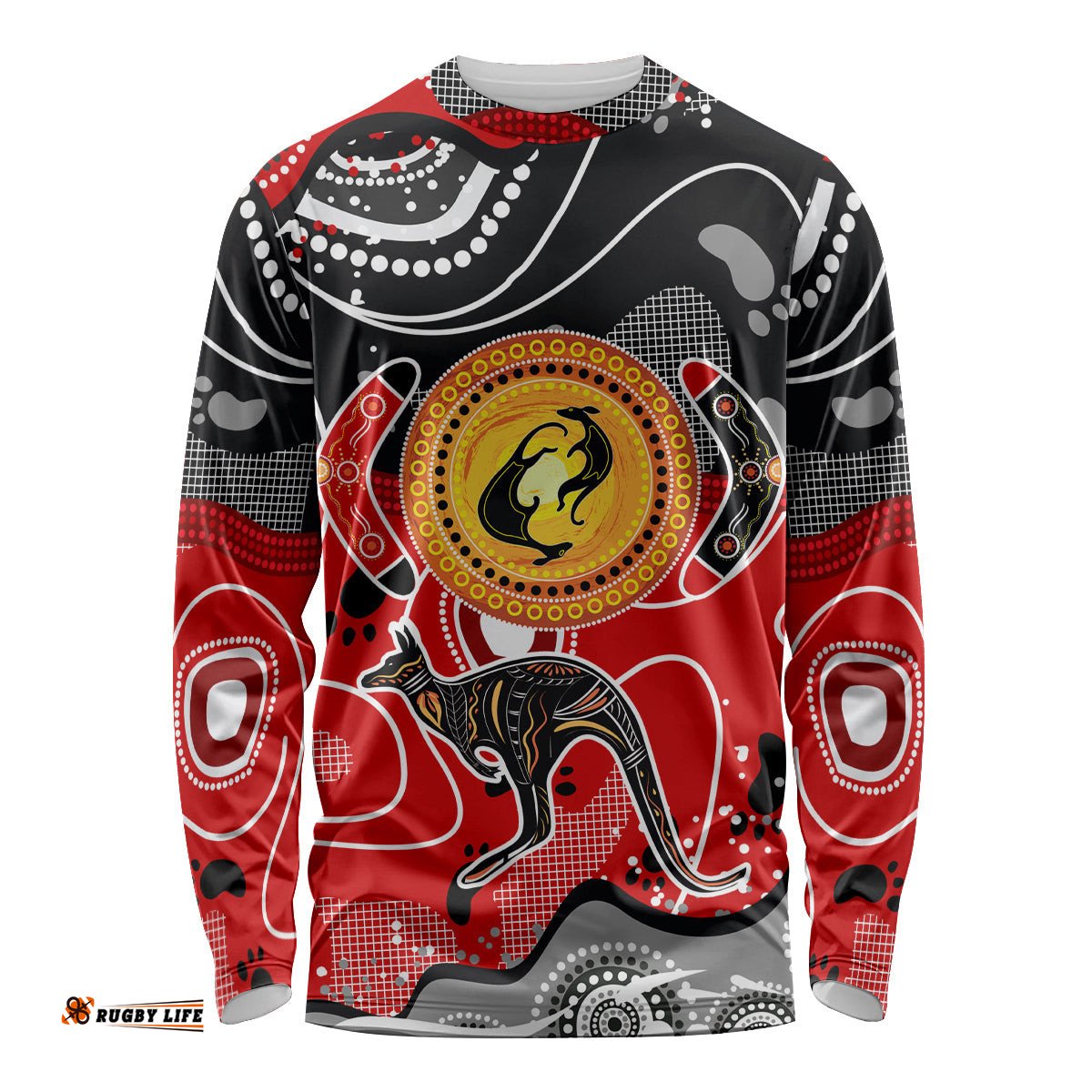 Aboriginal Flag Style Dot Art And Abstract Kangaroo Long Sleeve T-shirt