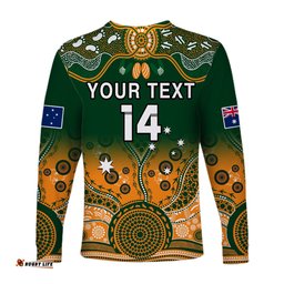 Custom Text And Number Australia Rugby Long Sleeve T-shirt Aussie Sevens Green Indigenous
