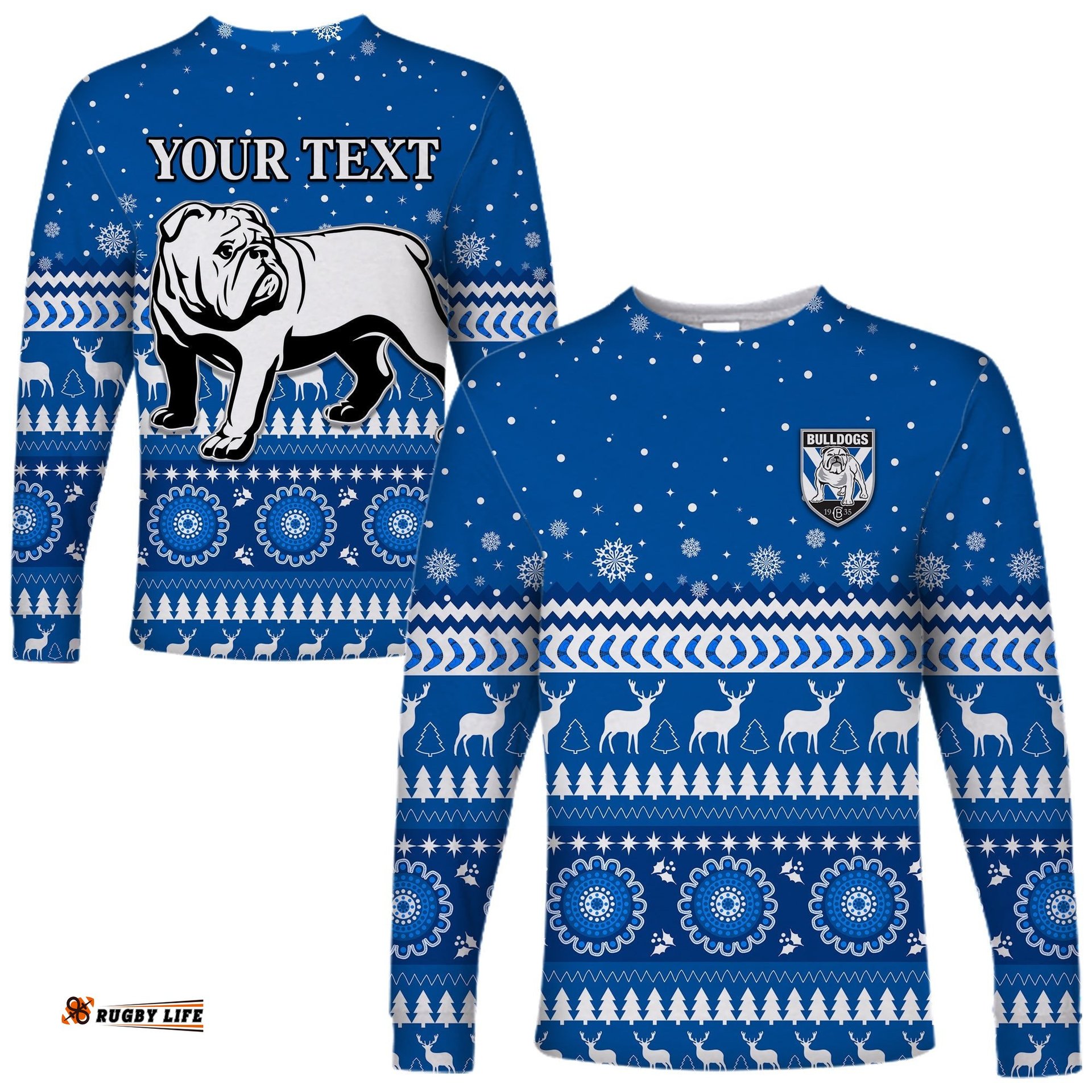 Custom Personalised Bulldogs Long Sleeve T-shirt Christmas Canterbury Bankstown