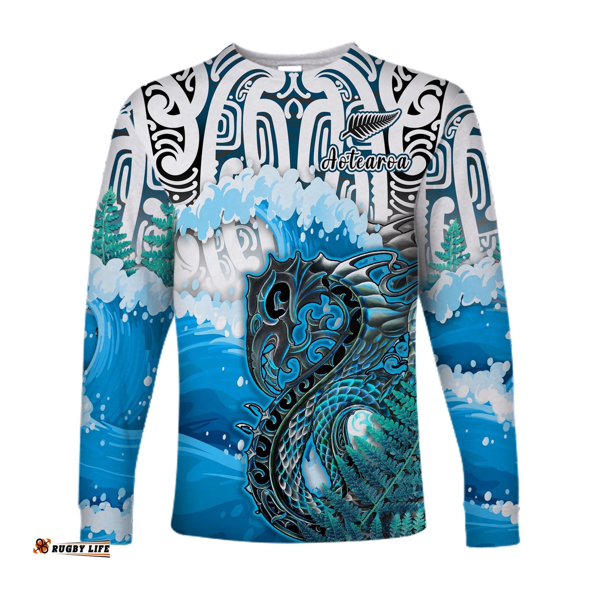 Custom Personalised Manaia Maori Long Sleeve T-shirt Fern Aotearoa Blue Waves
