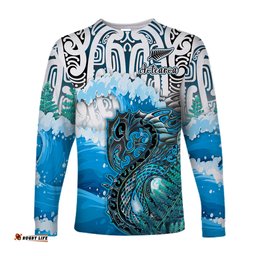 Custom Personalised Manaia Maori Long Sleeve T-shirt Fern Aotearoa Blue Waves