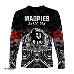 Magpies Anzac Long Sleeve T-shirt Collingwood Football Aboriginal Poppy Flowers