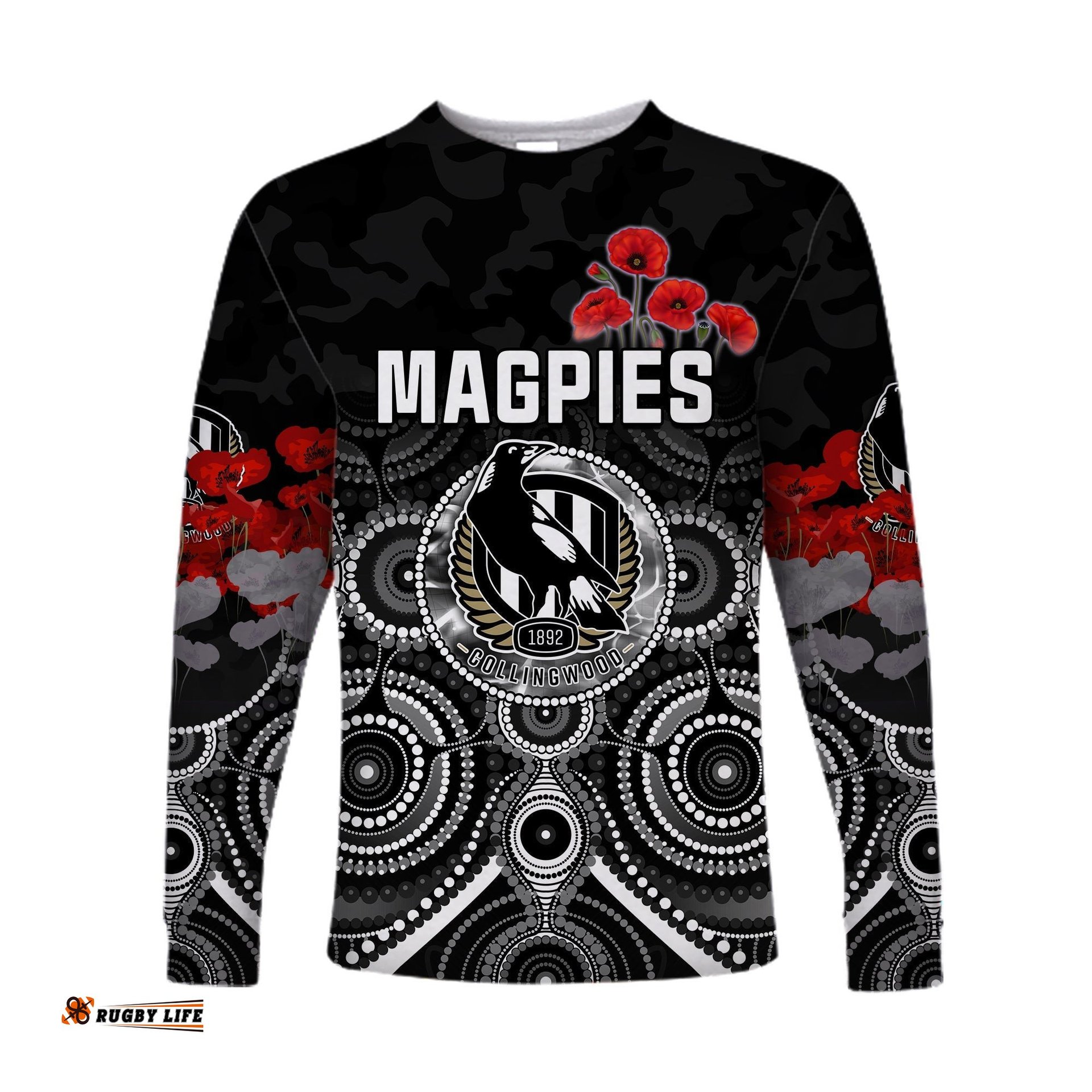 Magpies Anzac Long Sleeve T-shirt Collingwood Football Aboriginal Poppy Flowers
