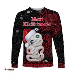 New Zealand Christmas Long Sleeve T-shirt Hei Tiki Red Pohutukawa Meri Kirihimete
