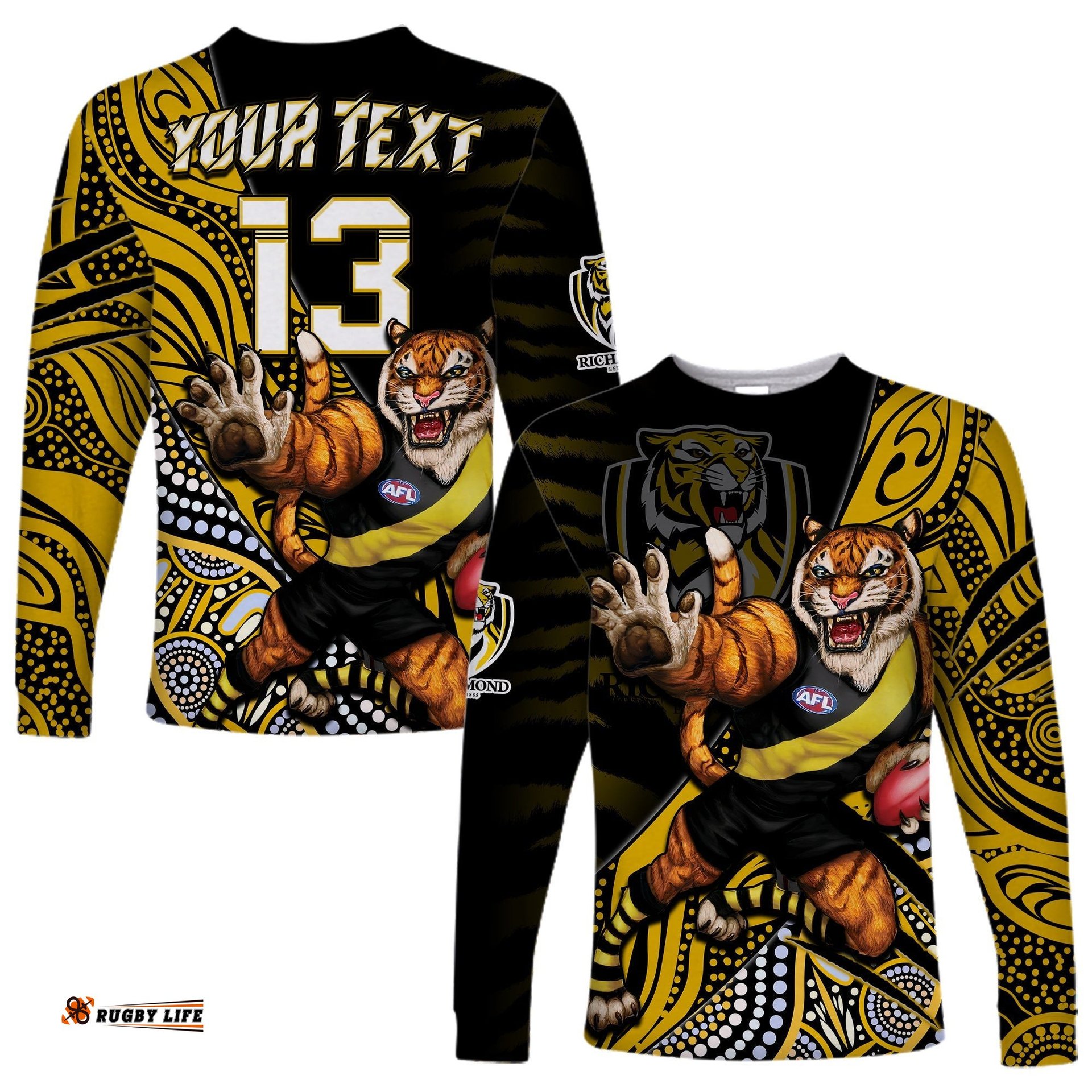 Custom Text and Number Richmond Football Long Sleeve T-shirt Aboriginal Go The Tigers Mascot