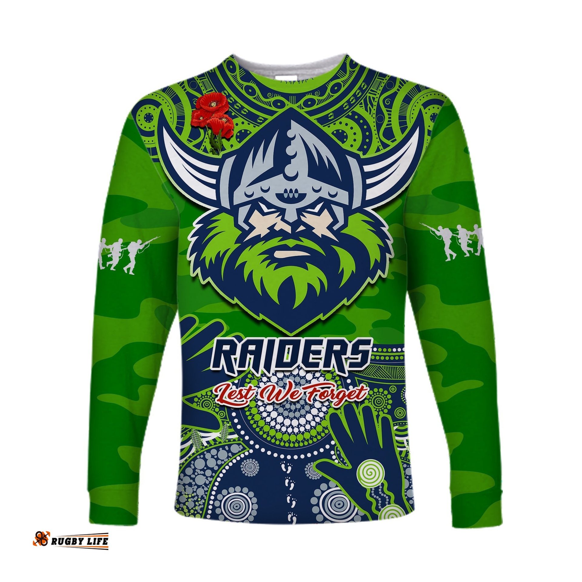 Raiders Rugby ANZAC Long Sleeve T-shirt Dots Poppy Mix Camouflage Lest We Forget