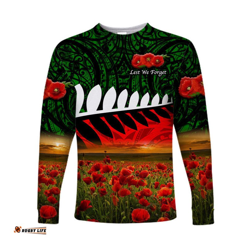 New Zealand Maori ANZAC Long Sleeve T-shirt Poppy Green