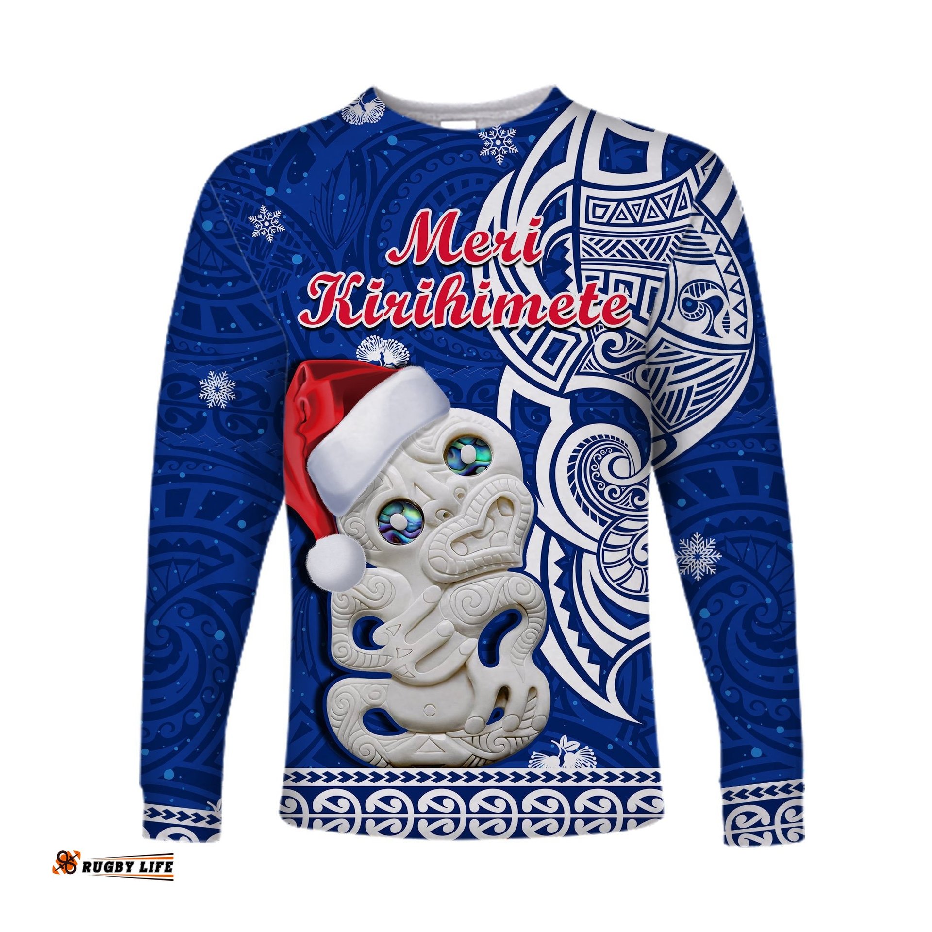 New Zealand Christmas Long Sleeve T-shirt Hei Tiki Blue Pohutukawa Meri Kirihimete
