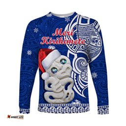 New Zealand Christmas Long Sleeve T-shirt Hei Tiki Blue Pohutukawa Meri Kirihimete