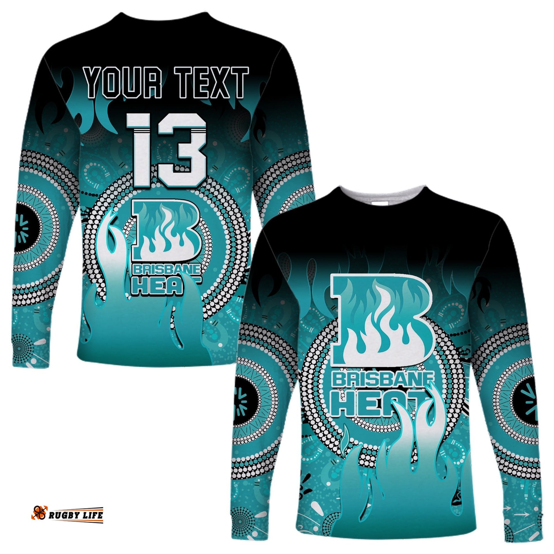 Custom Text and Number Brisbane Heat Long Sleeve T-shirt Aboriginal Sunshine