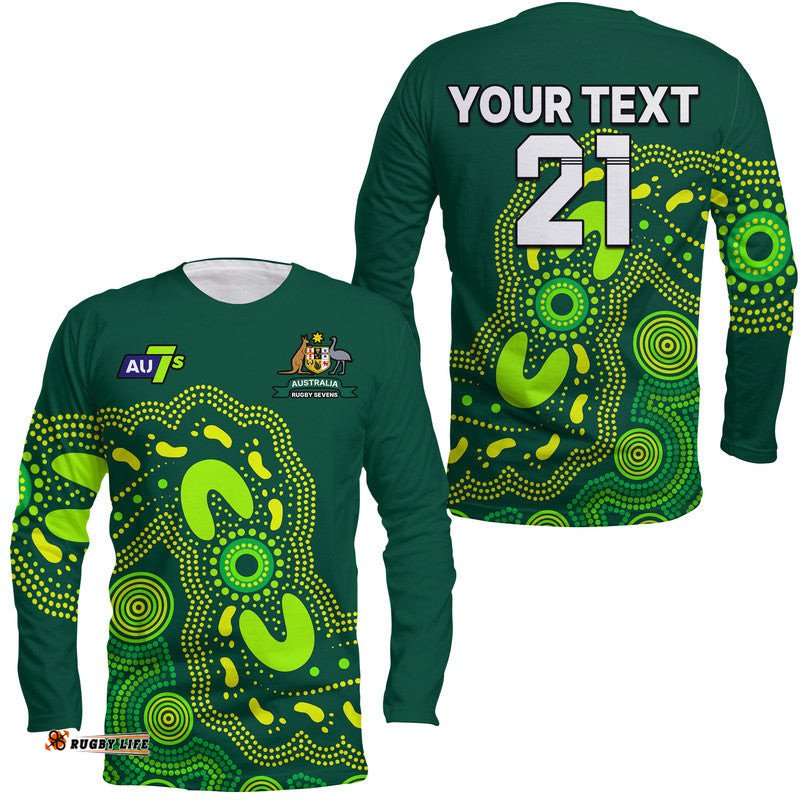 Custom Text And Number Australia Rugby Sevens Long Sleeve T-shirt Aboriginal